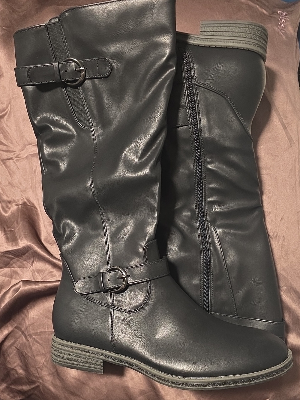 Women's Knee High Buckle Riding Boots - Black